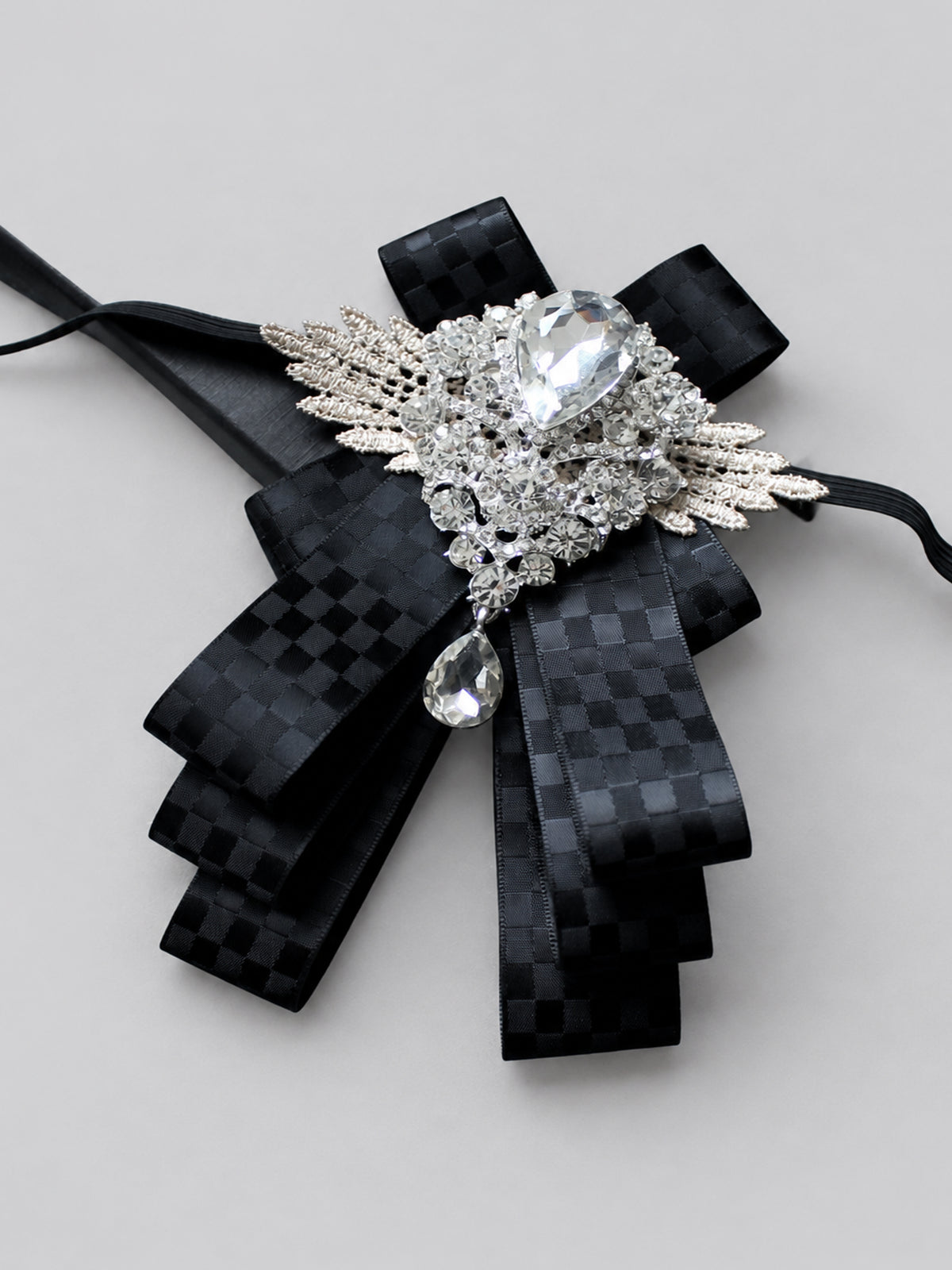 Savile PL0001 Men's Black Crystal Rhinestone Lace Ribbon Bow Tie flat lay detail
