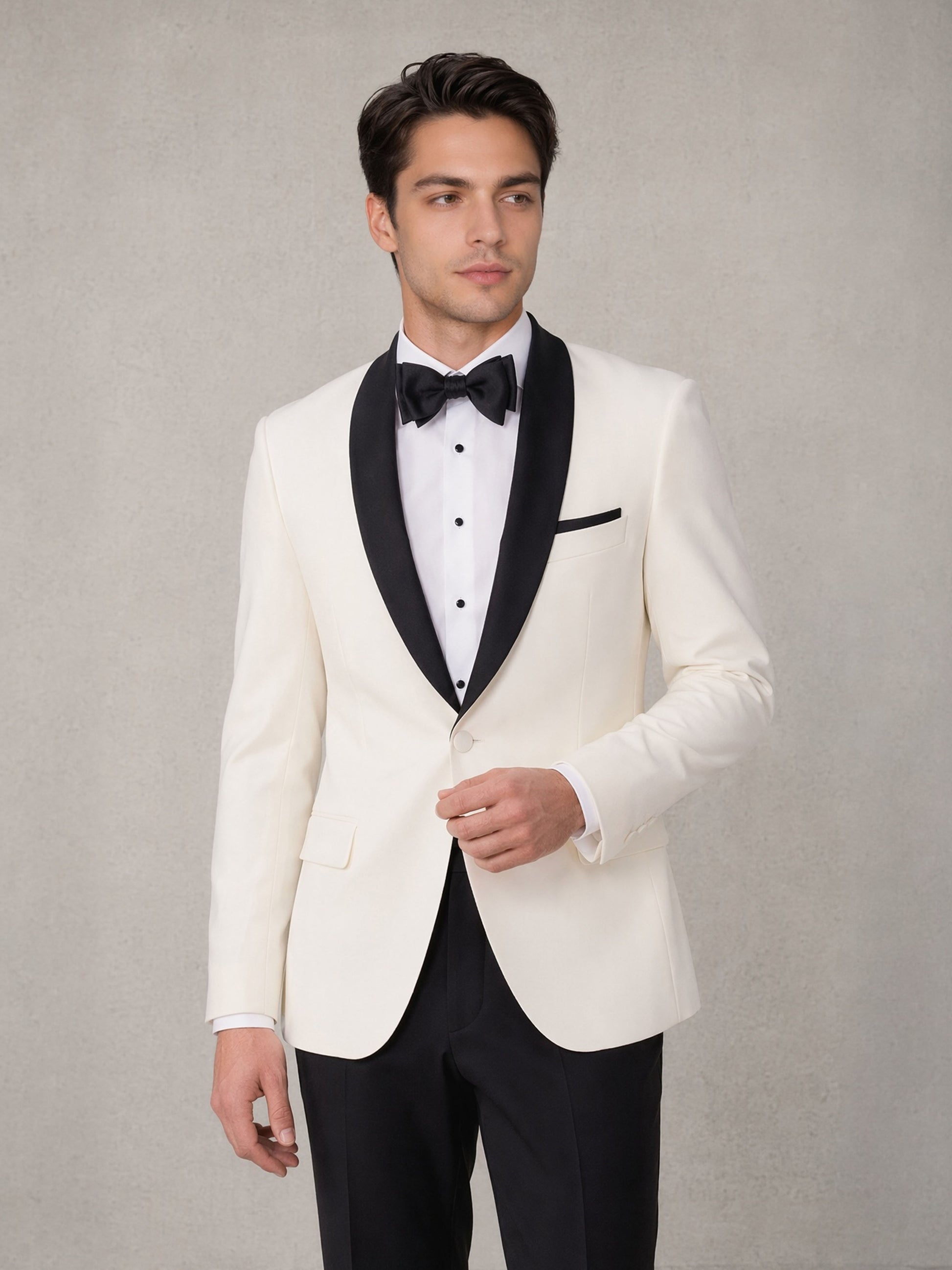 Men's ivory contrast shawl lapel tuxedo suit - front view with bow tie