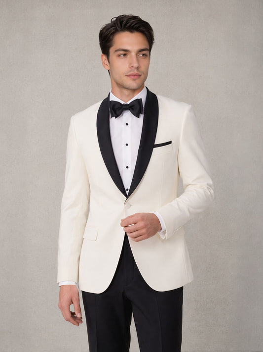 Men's ivory contrast shawl lapel tuxedo suit - front view with bow tie