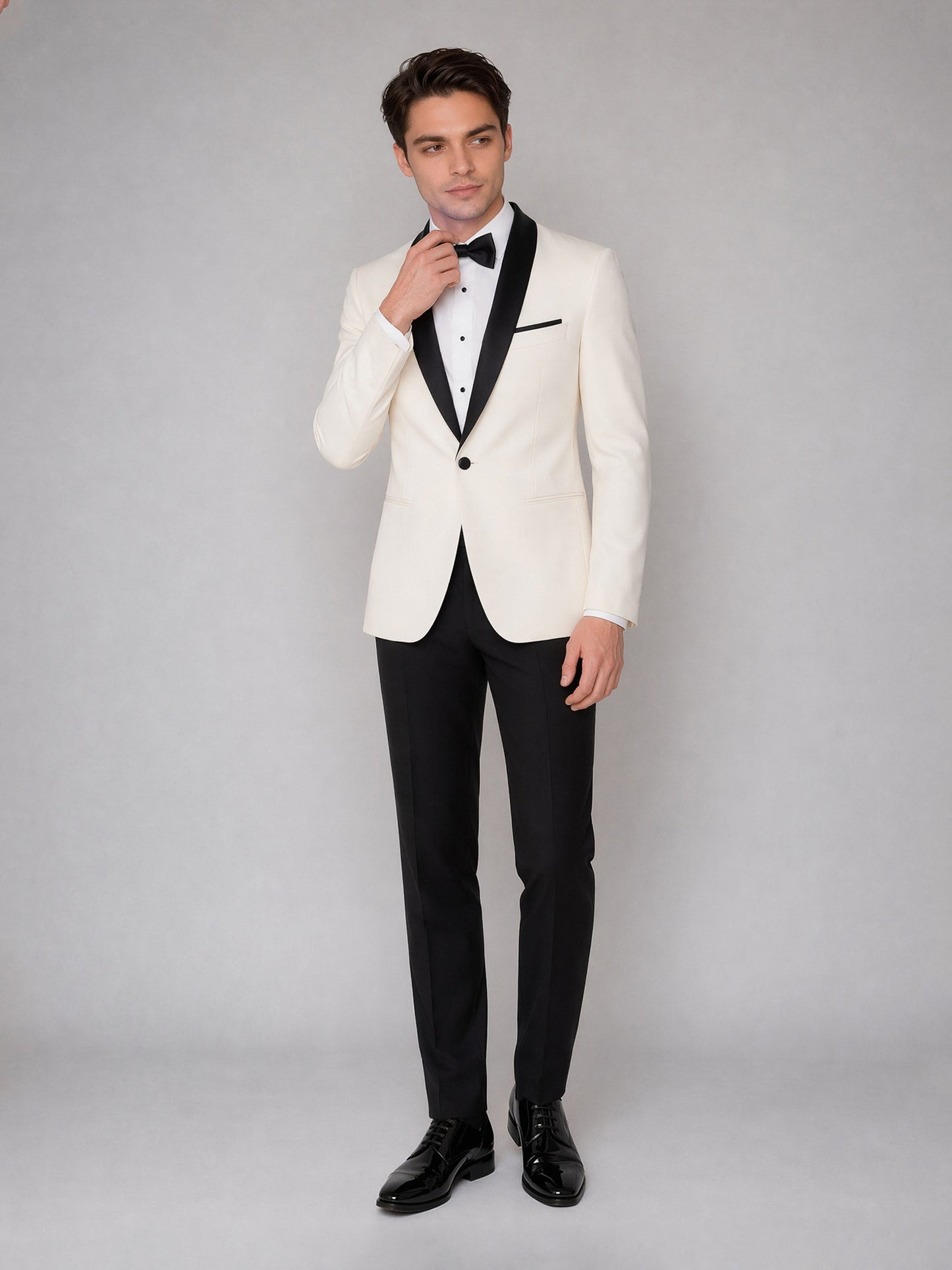 Men's ivory tuxedo suit - back view walking pose 1