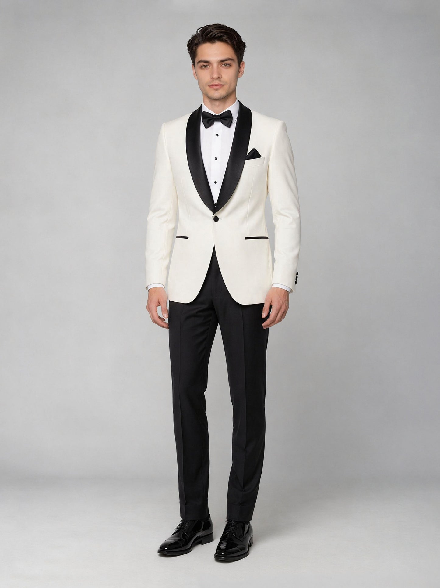 Men's ivory tuxedo suit - front view close up lapel detail