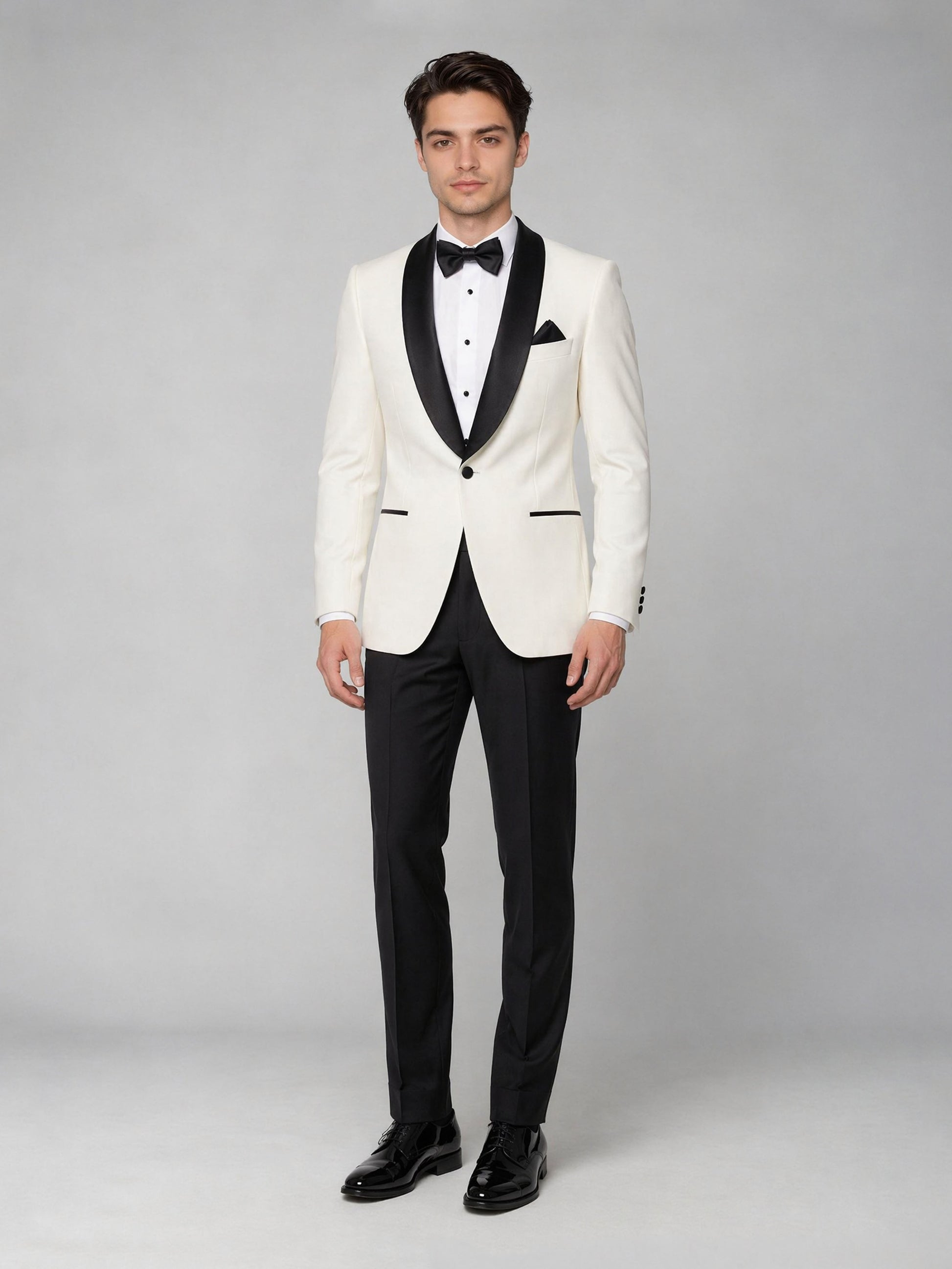 Men's ivory tuxedo suit - front view close up lapel detail