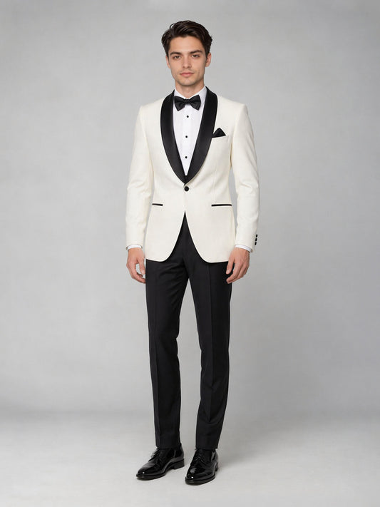 Men's ivory tuxedo suit - front view close up lapel detail