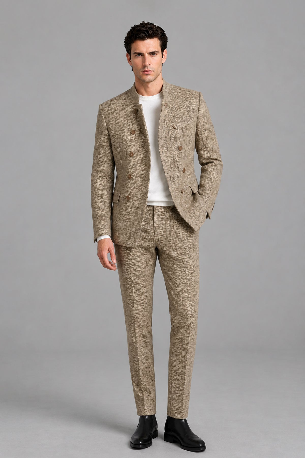 Savile Men's Khaki Beige Stand Collar Double Breasted Slim Fit 2-Piece Suit Set with Jacket and Trousers - Front Full Body View