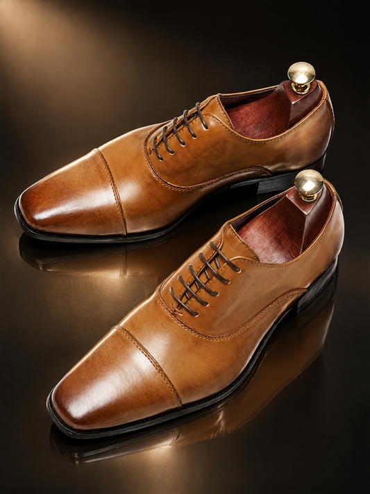 Savile men's burnished brown leather cap toe oxford dress shoes side profile view on wooden table