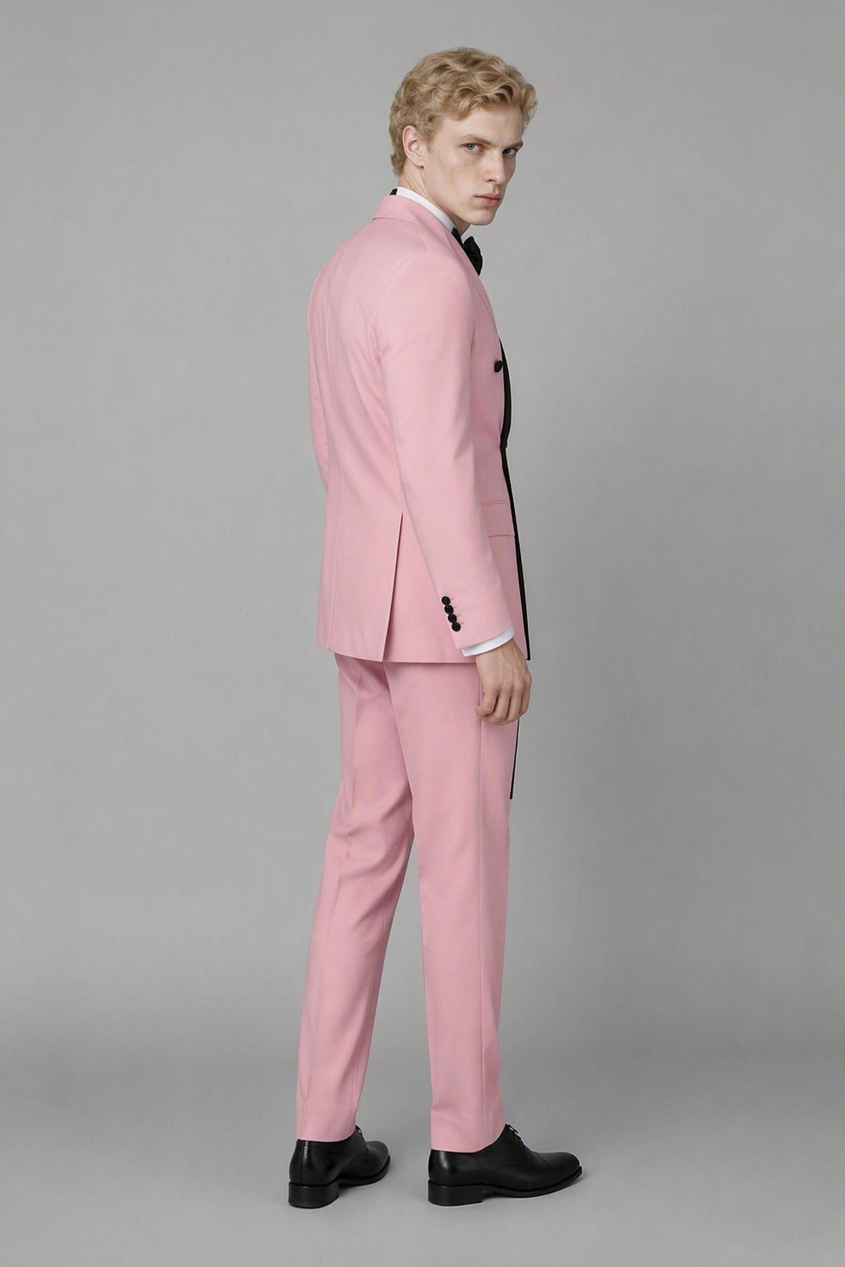 Men's Pink Double-Breasted Black Satin Shawl Lapel Tuxedo Suit Set | Blazer & Trousers