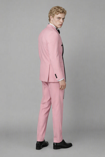 Men's Pink Double-Breasted Black Satin Shawl Lapel Tuxedo Suit Set | Blazer & Trousers