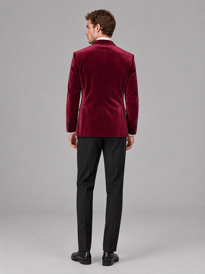 Savile Men's Burgundy Velvet Peak Lapel 2-Piece Tuxedo Suit Set | Jacket & Trousers