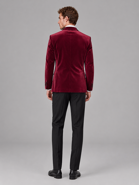 Savile Men's Burgundy Velvet Peak Lapel 2-Piece Tuxedo Suit Set | Jacket & Trousers