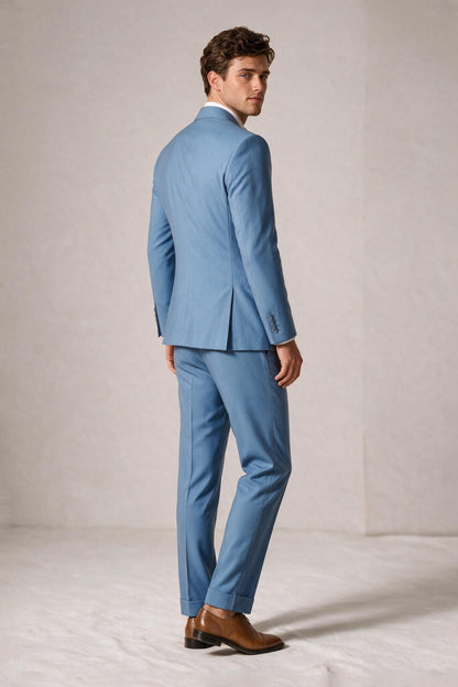 Savile Men's Sky Blue Double-Breasted Suit Blazer and Trousers - Standing Pose