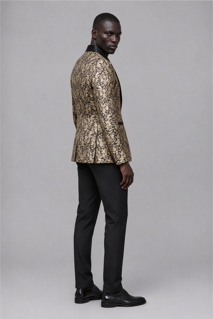 Savile Men's Black & Gold Jacquard Tuxedo Jacket | Slim-Fit Blazer with Peak Lapel
