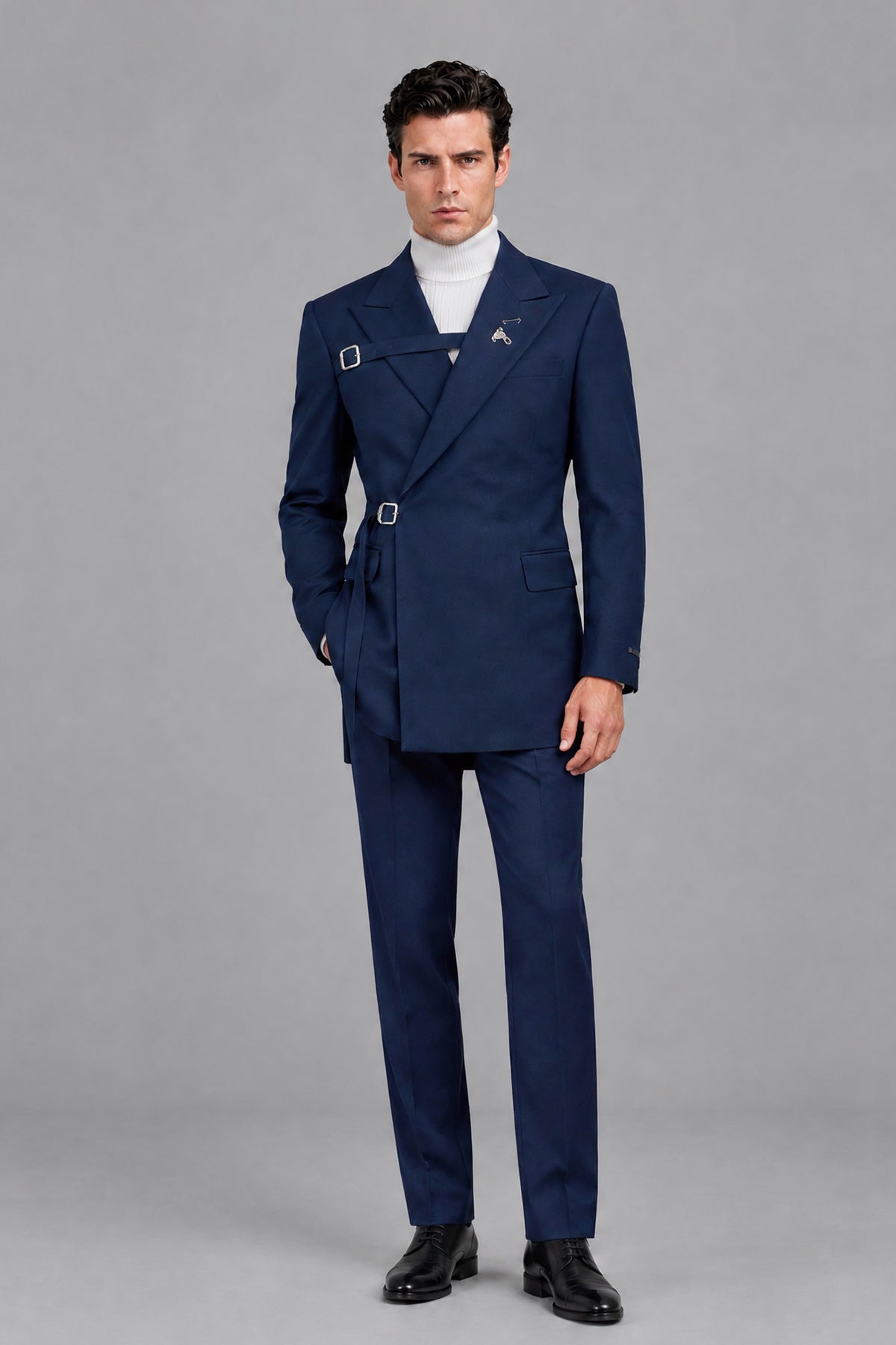 Savile Men's Navy Blue Wrap Belted Suit - Side Profile View