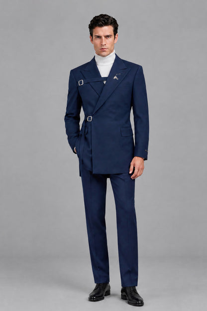 Savile Men's Navy Blue Wrap Belted Suit - Side Profile View