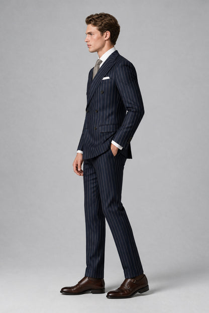 Savile QX0102 Men's Navy Blue Pinstripe Double-Breasted 2-Piece Suit - Front Walking View