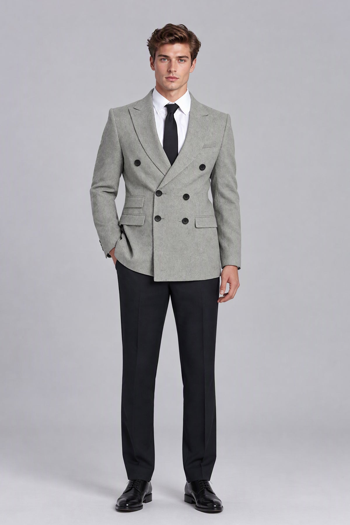 Savile Men's Light Grey Double-Breasted Peak Lapel Blazer - Front Hero Standing View