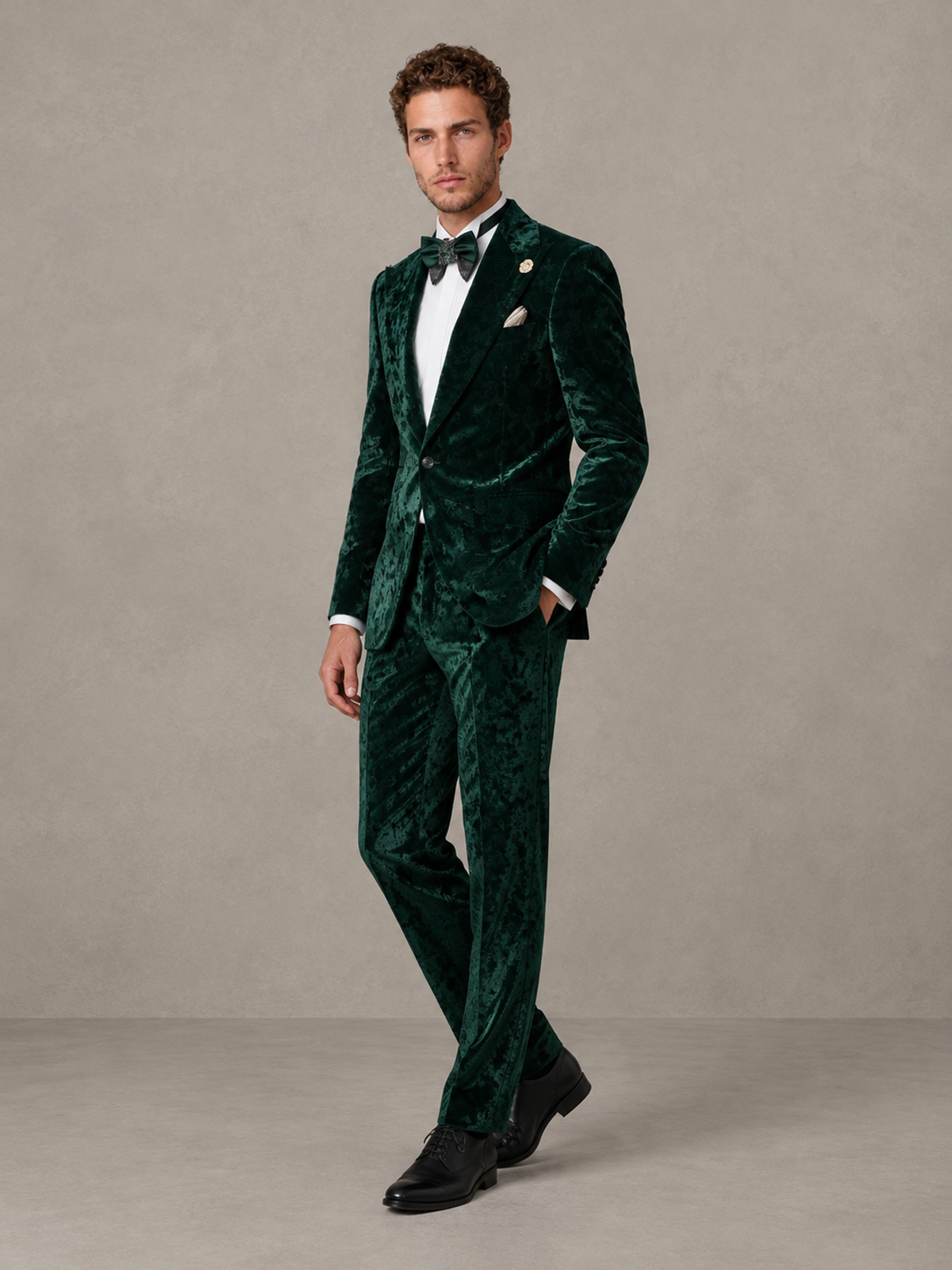 Savile Men's Emerald Green Crushed Velvet Peak Lapel 2-Piece Suit Set | Jacket & Trousers