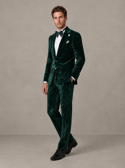 Savile Men's Emerald Green Crushed Velvet Peak Lapel 2-Piece Suit Set | Jacket & Trousers