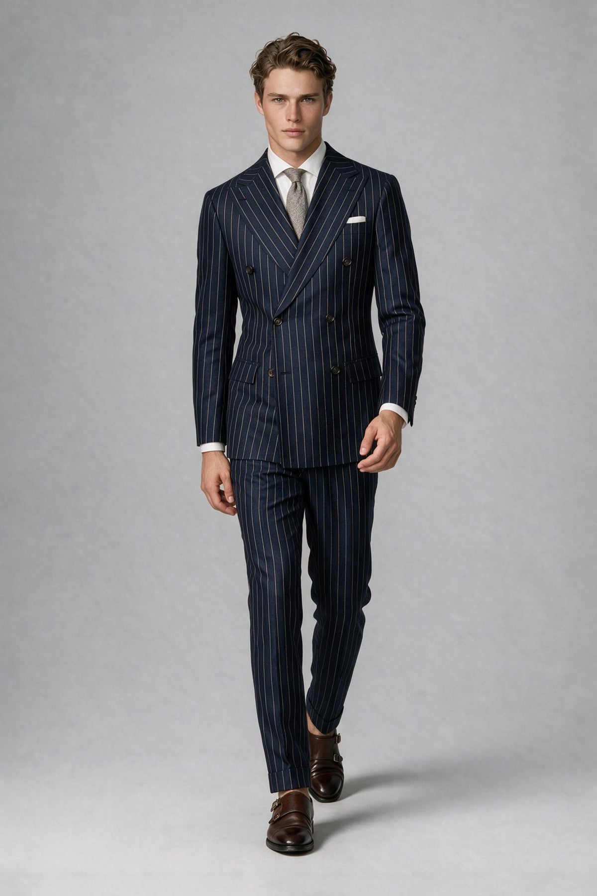 Savile QX0102 Men's Navy Blue Pinstripe Double-Breasted 2-Piece Suit - Back Full-Length View