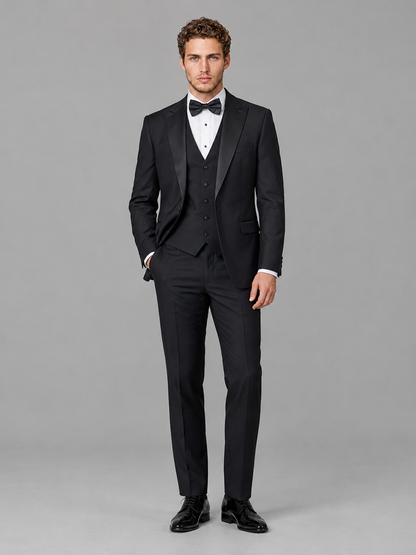 Savile Men's Black Peak Lapel 3-Piece Tuxedo Suit | Jacket, Vest & Trousers