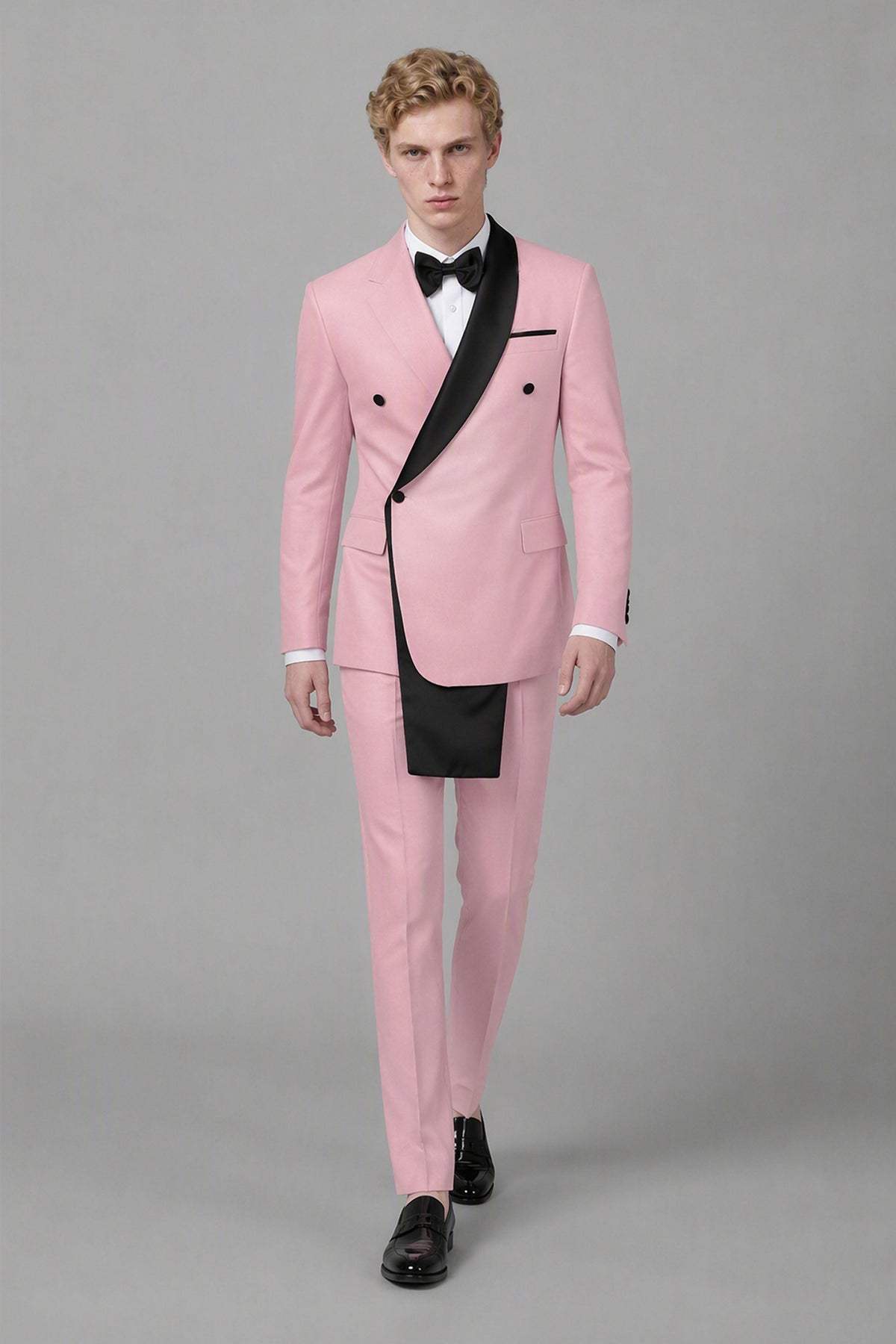Men's Pink Double-Breasted Black Satin Shawl Lapel Tuxedo Suit Set | Blazer & Trousers