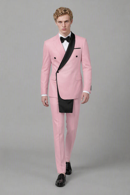 Men's Pink Double-Breasted Black Satin Shawl Lapel Tuxedo Suit Set | Blazer & Trousers