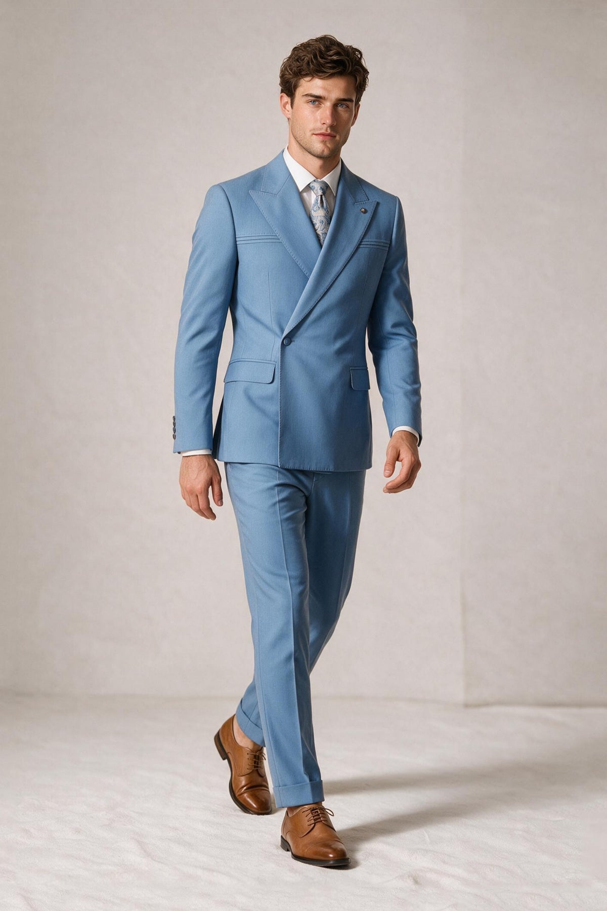 Savile Men's Sky Blue Suit Back View Showing Double Vents and Cuffed Trousers