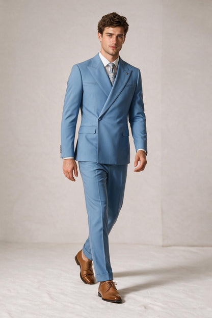 Savile Men's Sky Blue Suit Back View Showing Double Vents and Cuffed Trousers