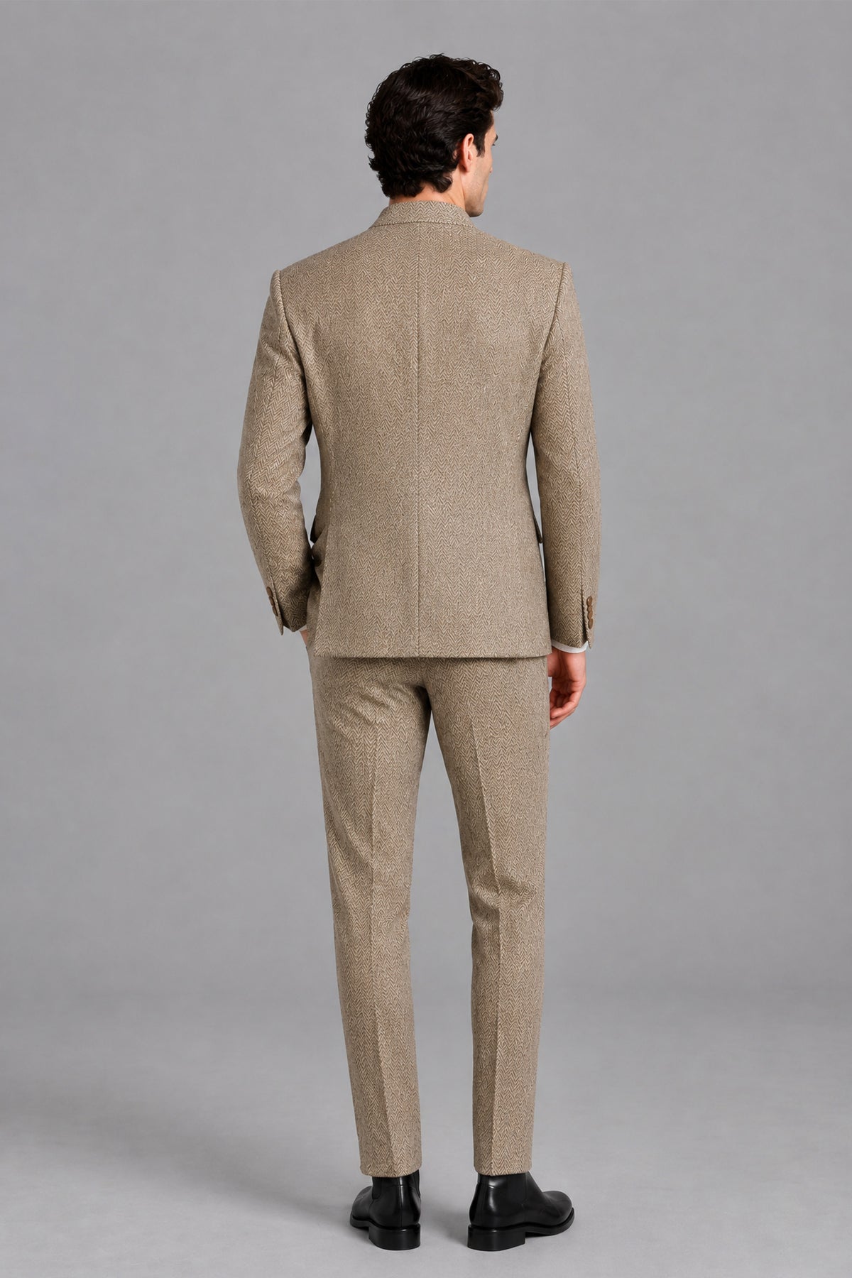 Rear view of Savile Men's Khaki Beige Stand Collar Suit showing back vent and trouser drape