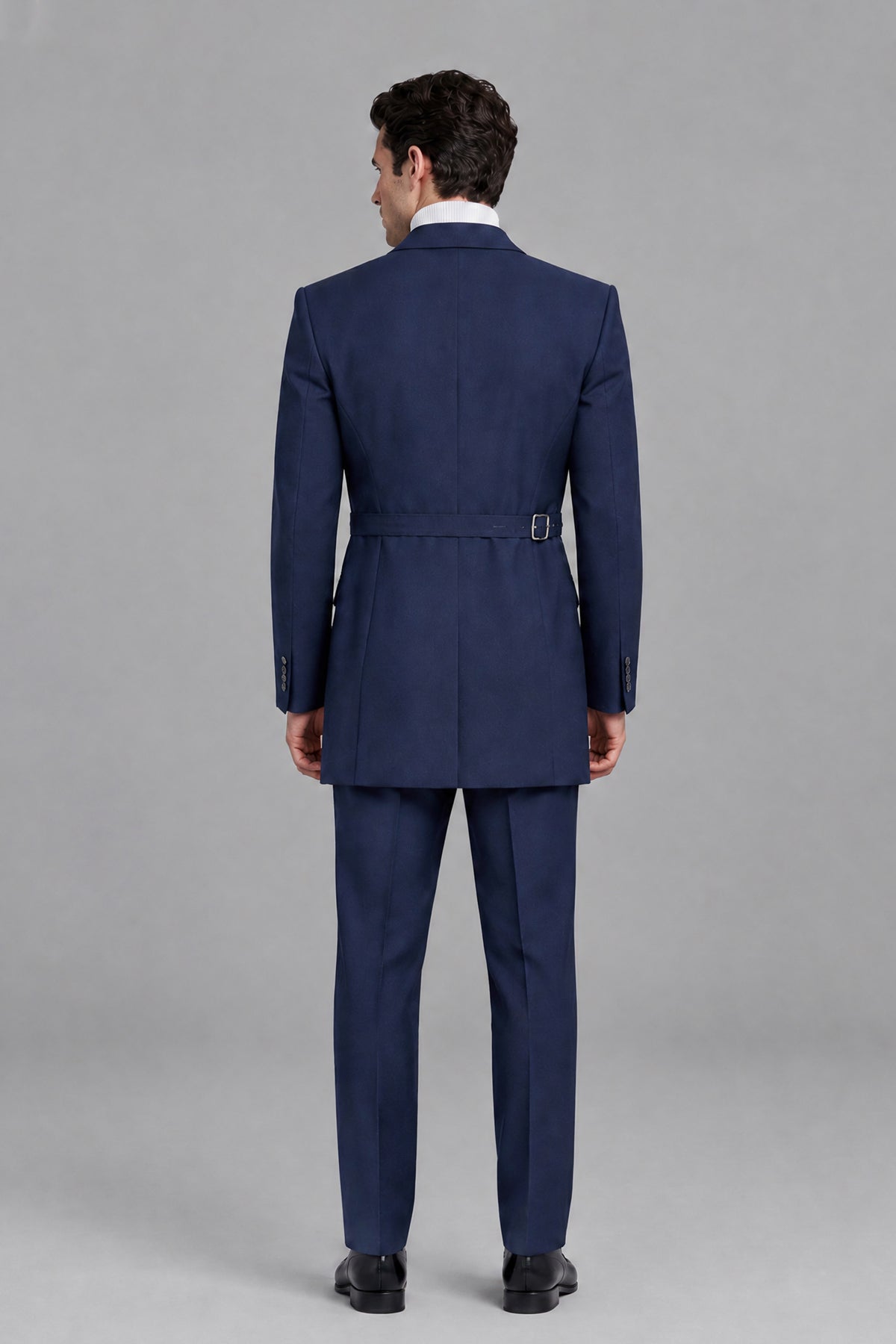 Savile Men's Navy Blue Double Buckle Wrap Suit - Front Walking View