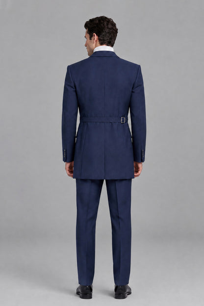 Savile Men's Navy Blue Double Buckle Wrap Suit - Front Walking View