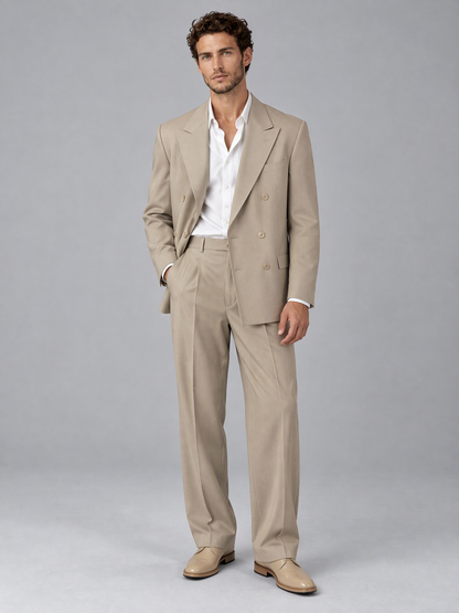 Savile Khaki Beige Double-Breasted 2-Piece Suit with Peak Lapel