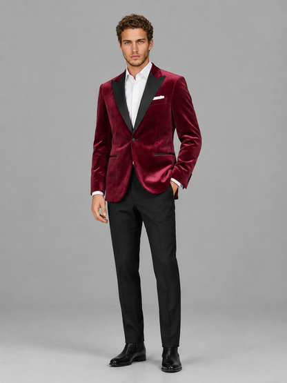 Savile Men's Burgundy Velvet Peak Lapel 2-Piece Tuxedo Suit Set | Jacket & Trousers
