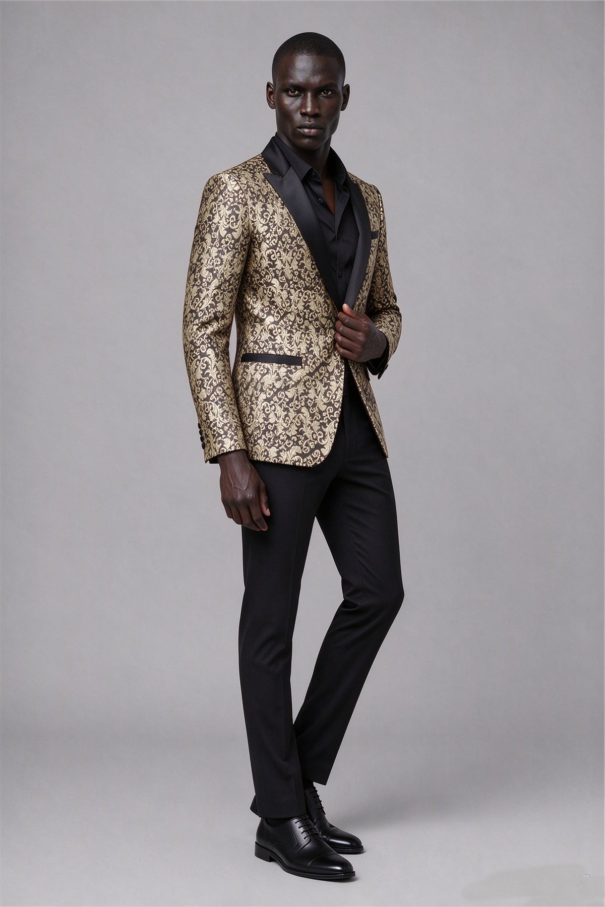 Savile Men's Black & Gold Jacquard Tuxedo Jacket | Slim-Fit Blazer with Peak Lapel