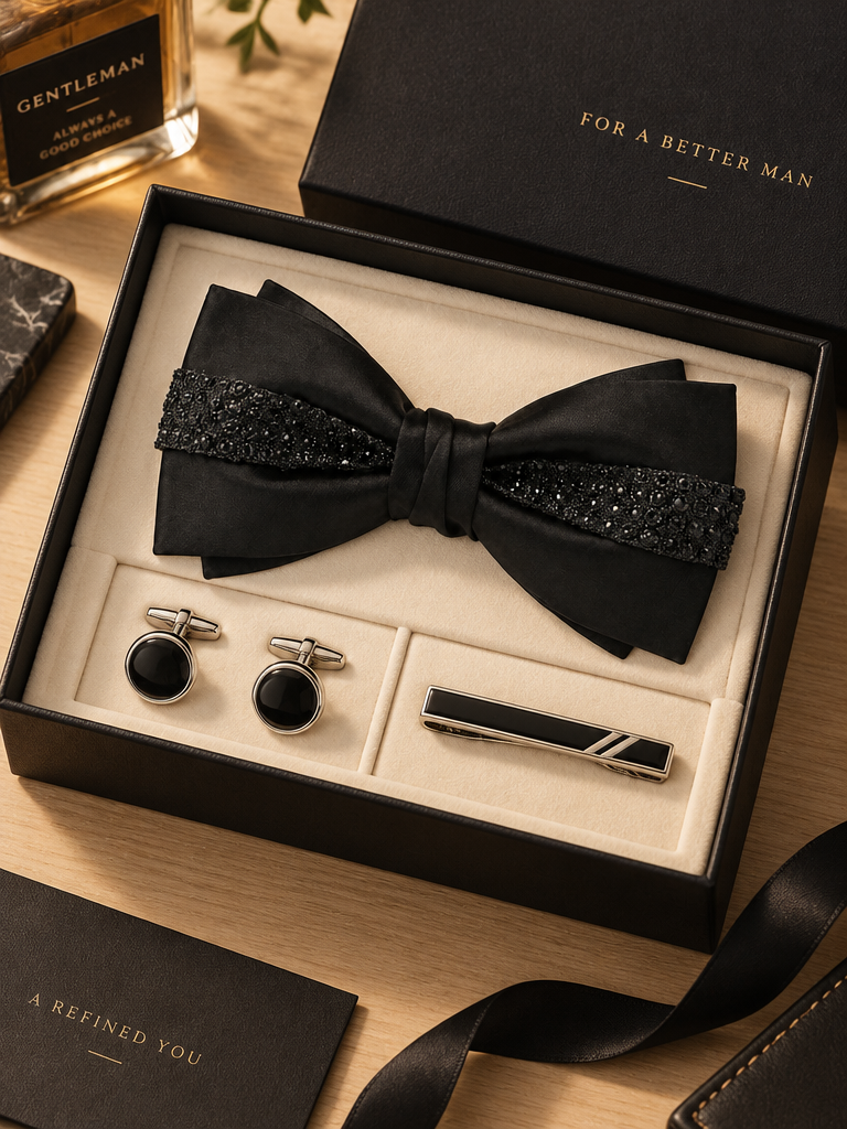 Savile PL0101 Men's Black Bow Tie Gift Set - Luxury Packaging Box with Matching Cufflinks and Tie Clip