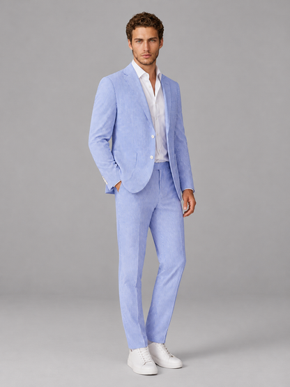 Men's Light Blue Striped 2-Piece Suit Set – Notch Lapel Blazer & Tailored Trousers