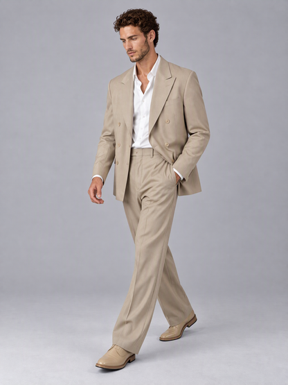 Savile Khaki Beige Double-Breasted 2-Piece Suit with Peak Lapel