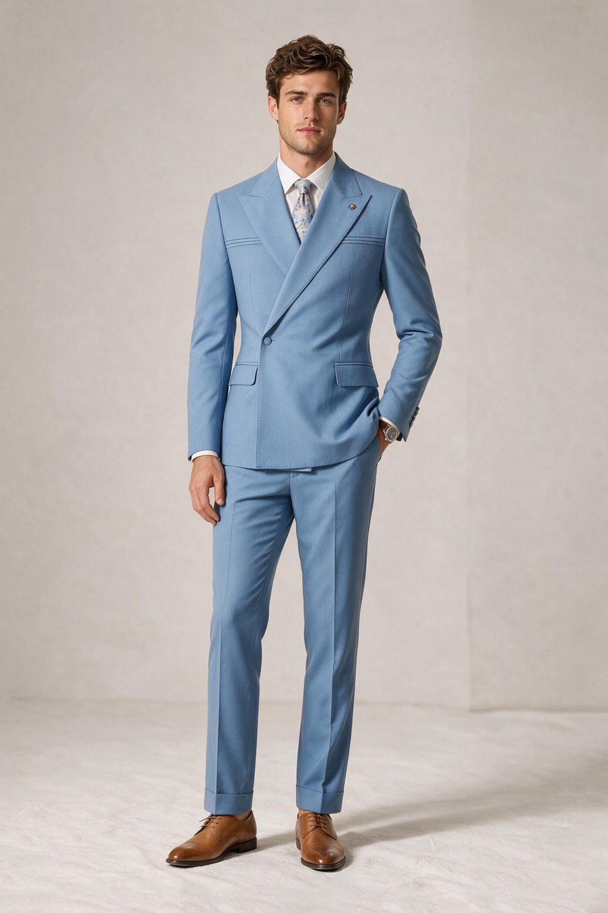 Savile Men's Sky Blue Double-Breasted Suit - Dynamic Walking Angle