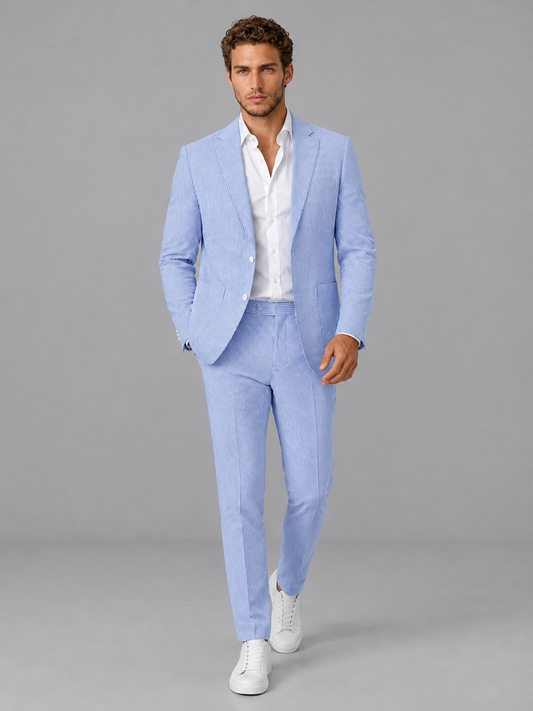 Men's Light Blue Striped 2-Piece Suit Set – Notch Lapel Blazer & Tailored Trousers