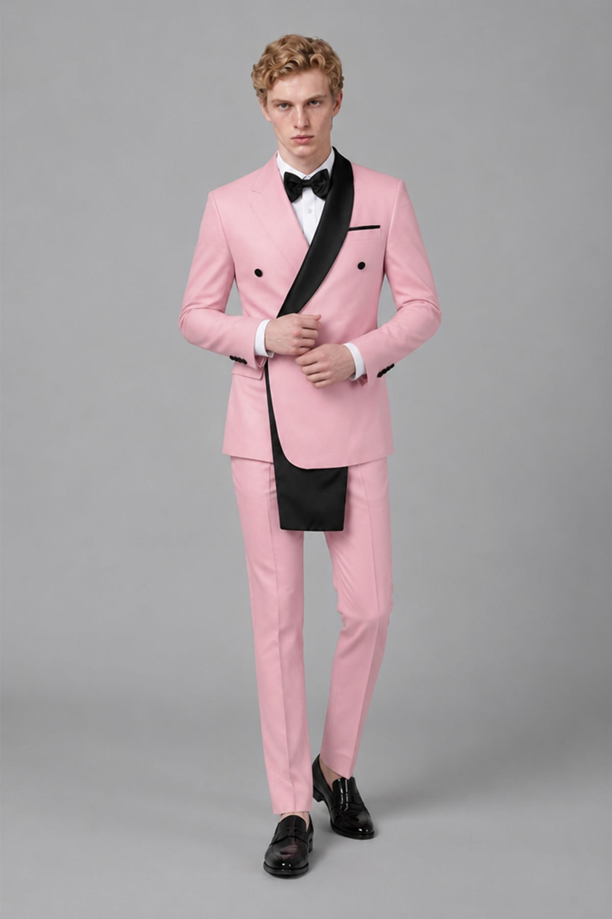 Men's Pink Double-Breasted Black Satin Shawl Lapel Tuxedo Suit Set | Blazer & Trousers