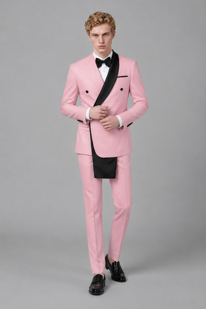 Men's Pink Double-Breasted Black Satin Shawl Lapel Tuxedo Suit Set | Blazer & Trousers