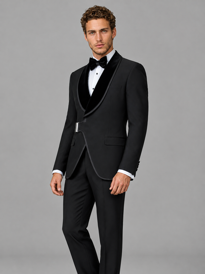 Savile Men's Black Velvet Shawl Lapel Tuxedo Suit – Modern Side-Buckle Dinner Jacket & Trousers 2-Piece Set