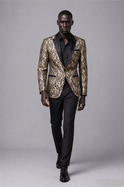 Savile Men's Black & Gold Jacquard Tuxedo Jacket | Slim-Fit Blazer with Peak Lapel