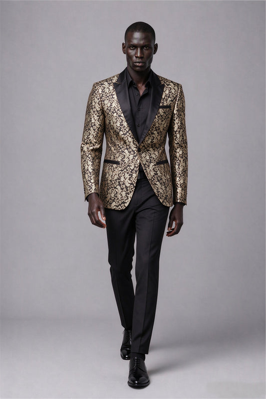 Savile Men's Black & Gold Jacquard Tuxedo Jacket | Slim-Fit Blazer with Peak Lapel