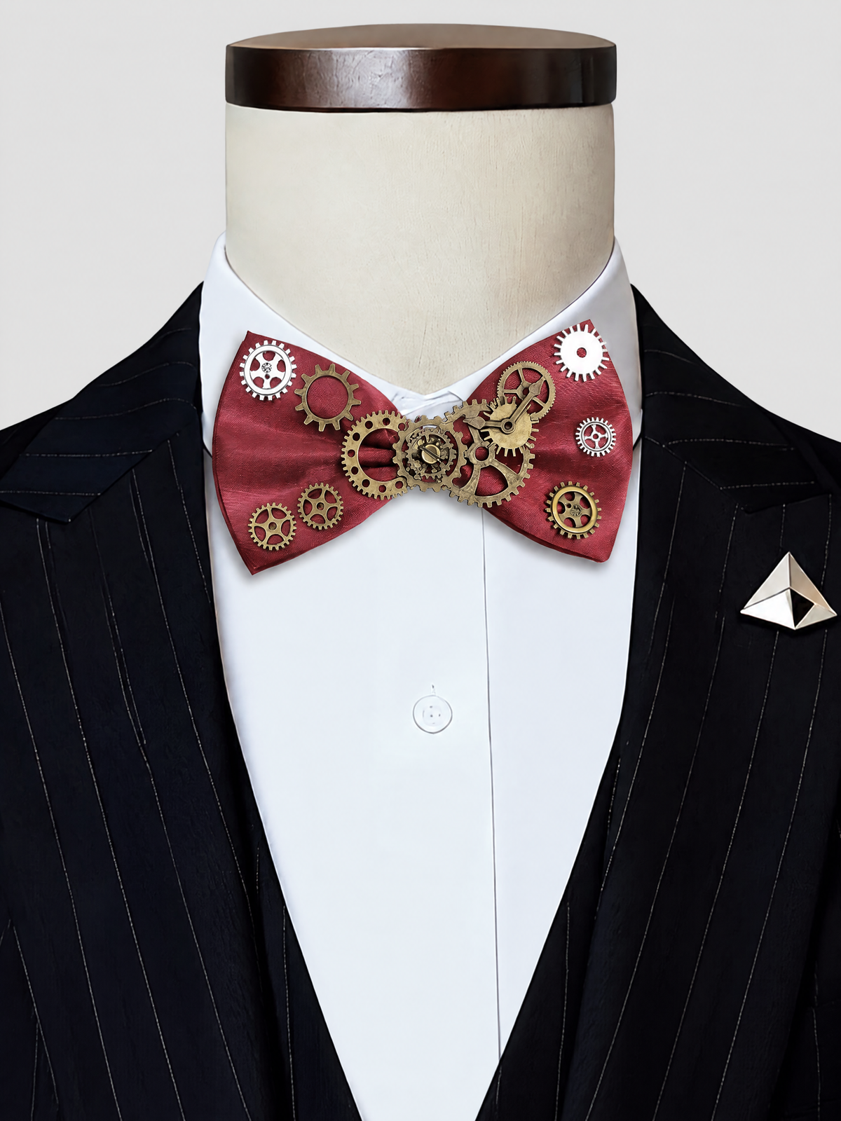 Savile PL0100 Men's Steampunk Gear Bow Tie - Burgundy Wine Red Colorway Collar View