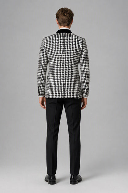 Man wearing Savile houndstooth tuxedo suit, back view