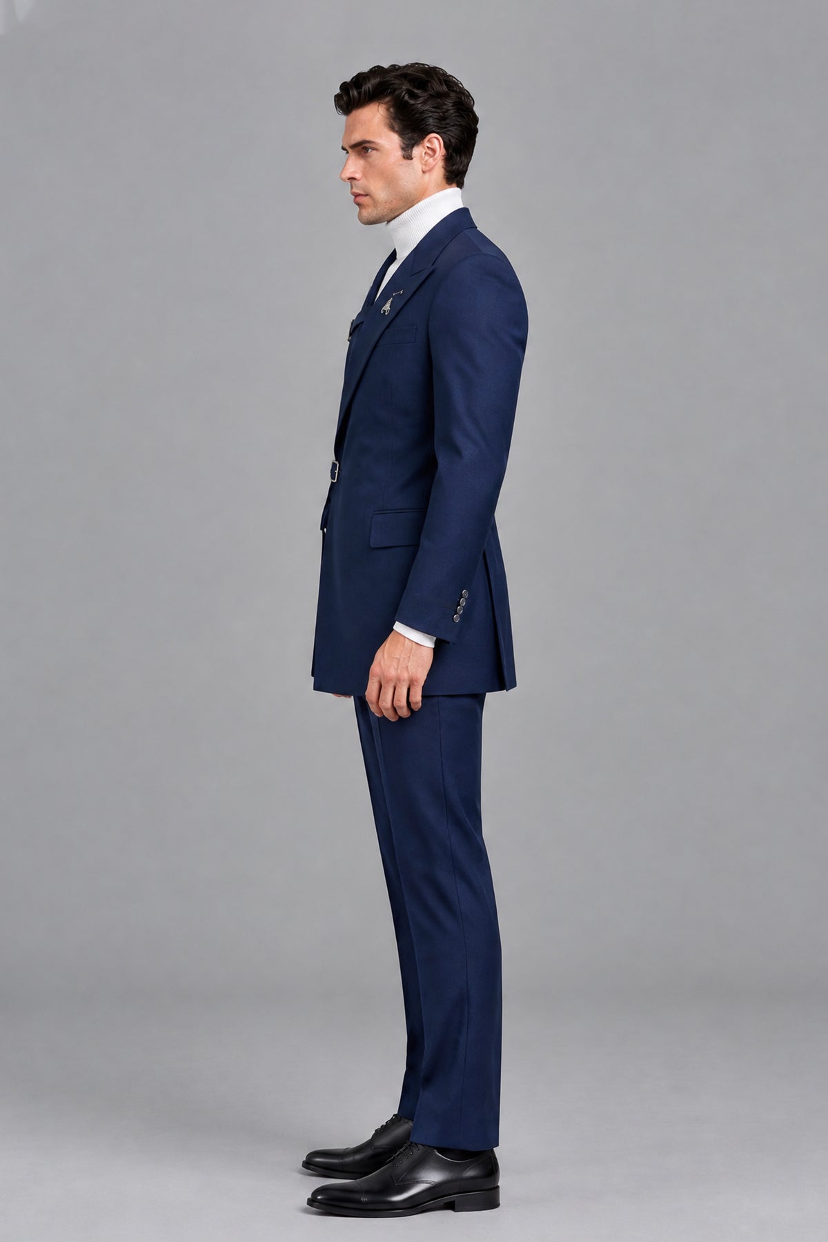 Savile Men's Navy Blue Double Buckle Wrap Belted 2-Piece Suit Set - Front Full Body Standing View