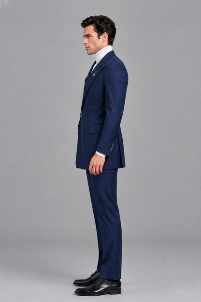 Savile Men's Navy Blue Double Buckle Wrap Belted 2-Piece Suit Set - Front Full Body Standing View