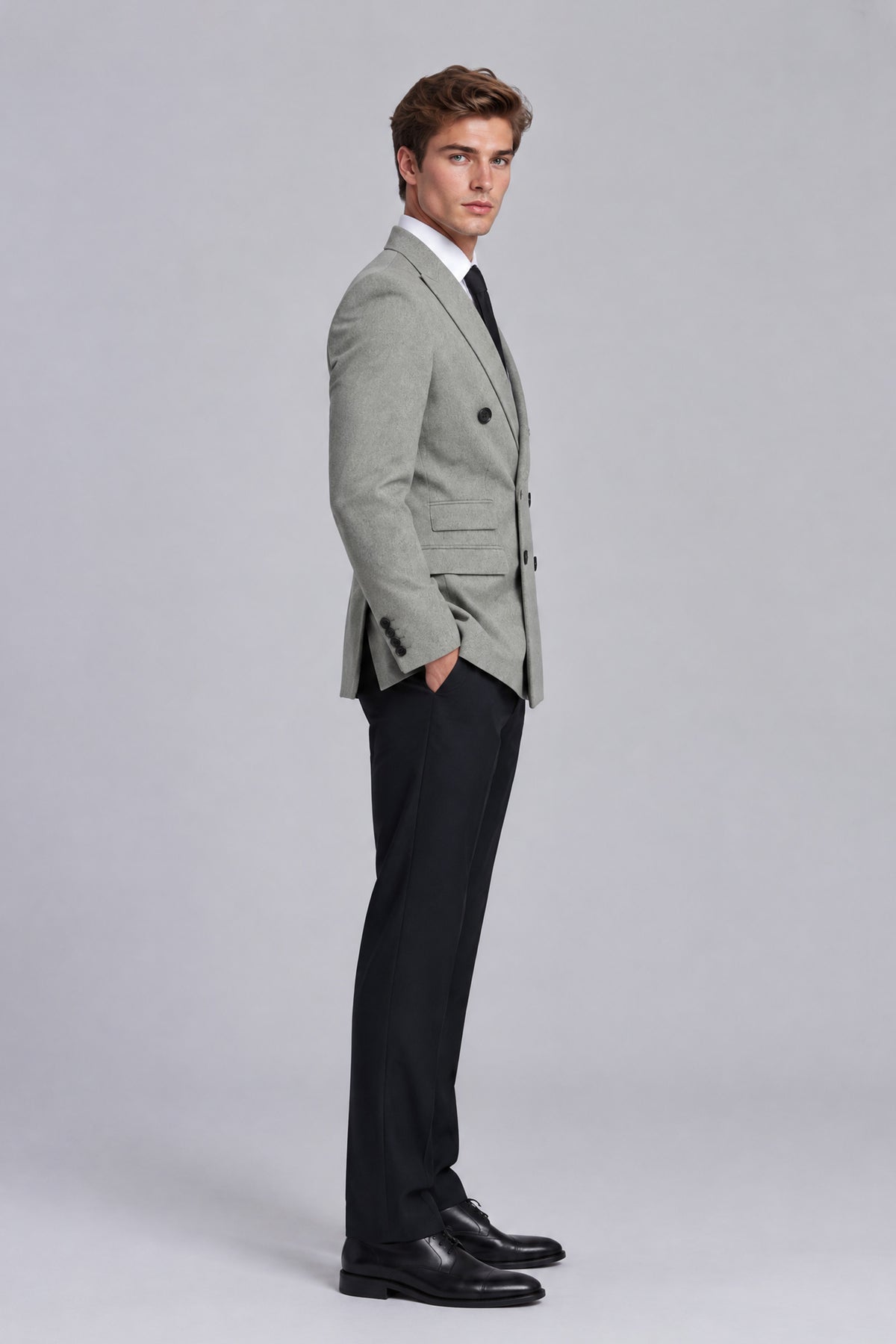 Savile Men's Light Grey Double-Breasted Blazer - Full-Body Walking Pose