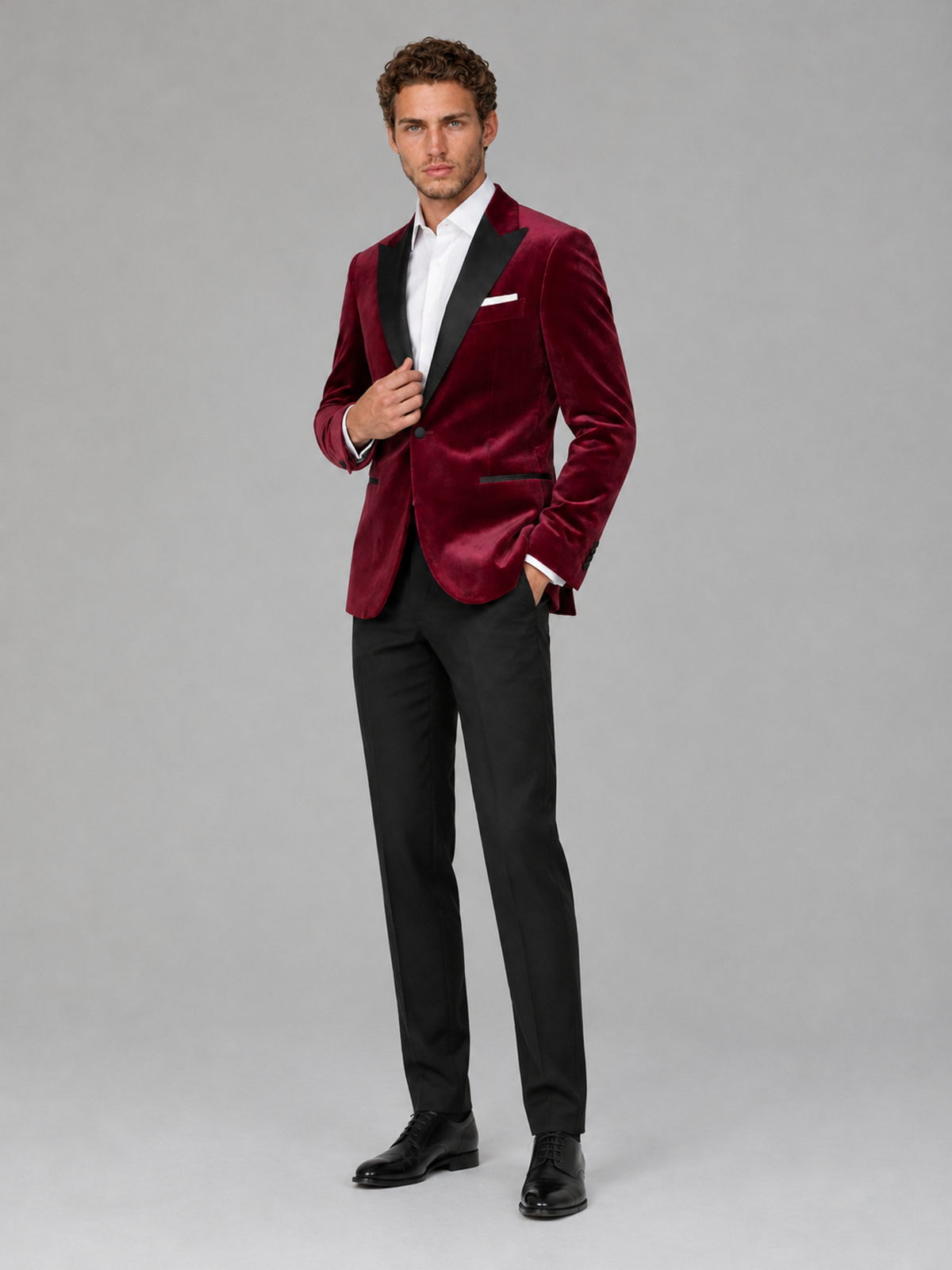 Savile Men's Burgundy Velvet Peak Lapel 2-Piece Tuxedo Suit Set | Jacket & Trousers