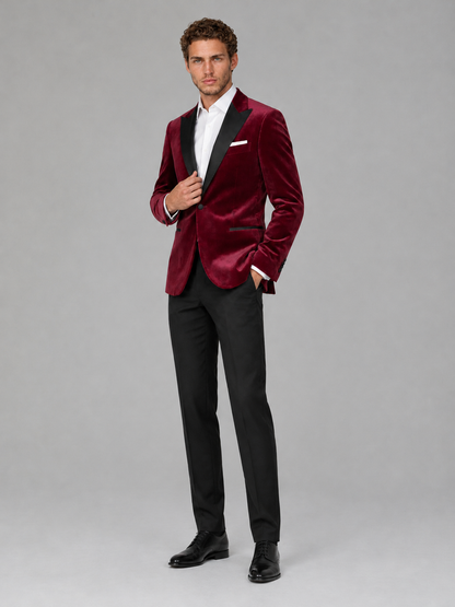 Savile Men's Burgundy Velvet Peak Lapel 2-Piece Tuxedo Suit Set | Jacket & Trousers